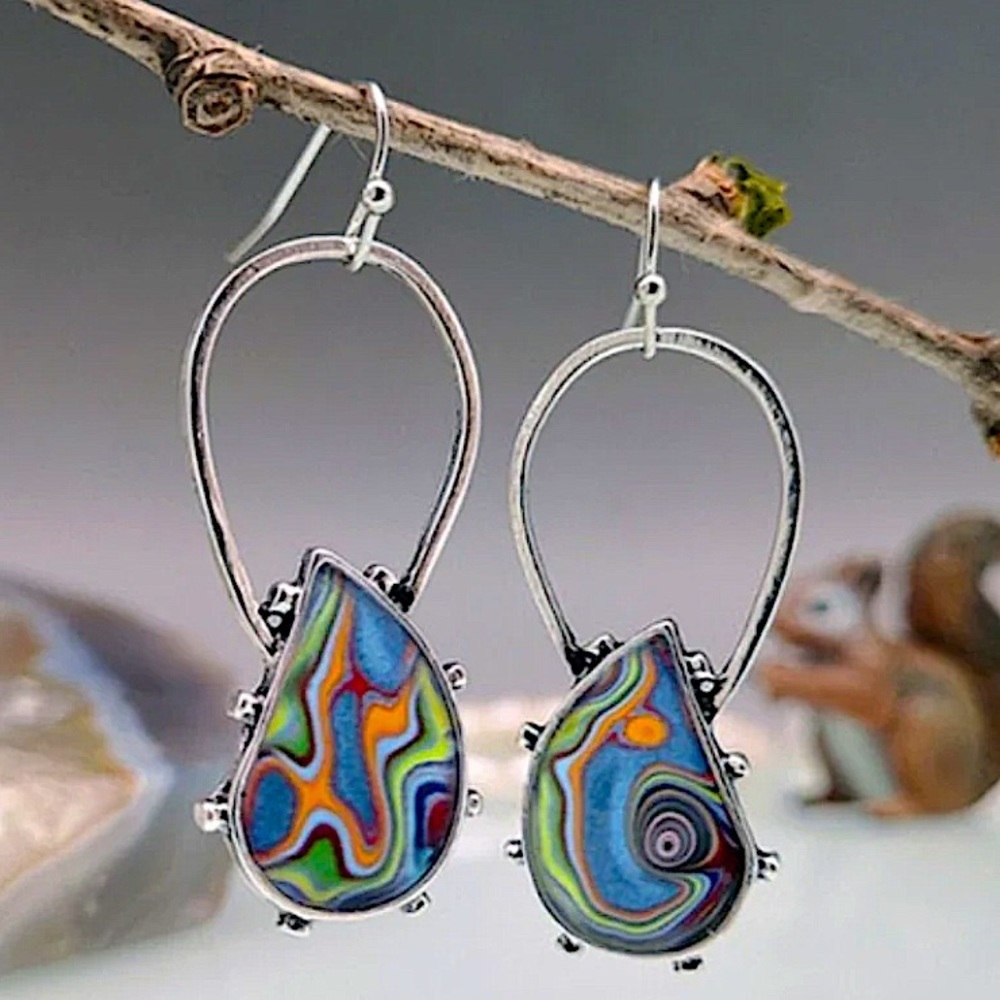 Silver Resin tribal Swirl Multicolor Dangle Boho Earrings